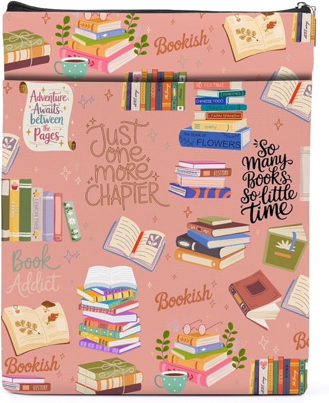 Pink Bookish Book Sleeve, Book Lovers Gifts Sleeve with Zipper & Front Pocket, 11.4x8.8 Inch Canvas Books Cover Protector Bookish Gifts for Readers Librarian Women Teacher