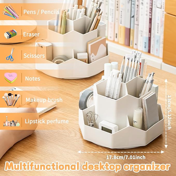 Cayxenful Pencil Pen Holder for Desk,9 Slots 360 Degree Rotating Desk Organizers,Desktop Storage Stationery Supplies Organizer, Cute Pencil Cup Pot For Office, School, Home(White)