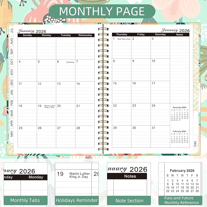 2026 Planner, Jan.2026 - Dec.2026 Planner Weekly and Monthly 6.25"x8.5" with with Page Tabs, Calendar Hardcover with Inner Pocket, Elastic Band, Twin-Wire Binding, Bookmark, Green Flowers