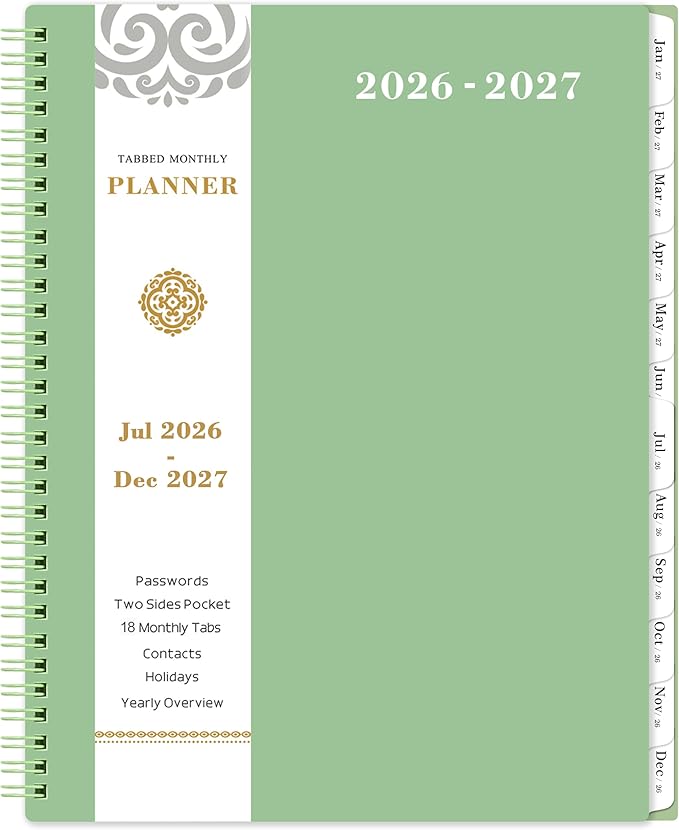 2026-2027 Monthly Planner - JUL 2026 - DEC 2027 Monthly Calendar Planner, with 18-Month Planner with Tabs & Pocket & Label, Contacts and Passwords, 9" x 11", Thick Paper, Palegreen