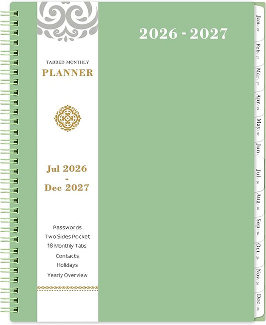 2026-2027 Monthly Planner - Planner/Calendar 2026-2027, JUL 2026 - DEC 2027, 9" x 11", Thick Paper, Twin-Wire Binding, Monthly Planner with Tabs & Pocket & Label, Green