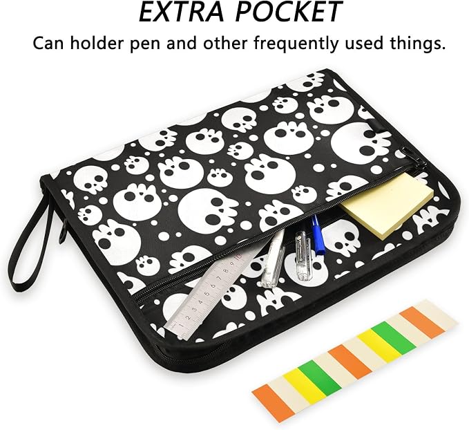 Skulls Black White 13 Pockets Expanding File Folder with Sticky Labels Accordion File Folder Document Organizer Letter Size A4 Papers Expandable File Keeper