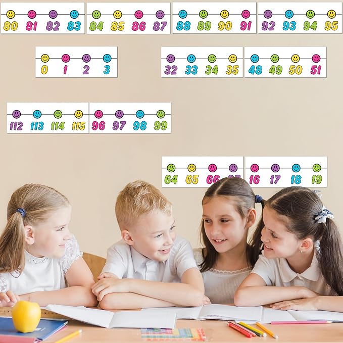 Whaline 32Pcs Retro Number Line Bulletin Board Rainbow Color Smile Face Number Line Boarder Strips Math Borders for Home Classroom Wall Decor