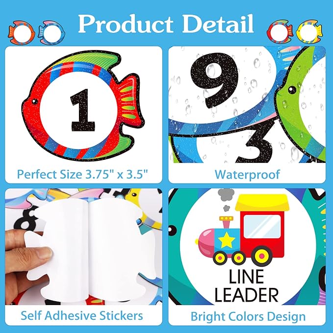 WhatSign 36Pcs Line Up Spots for Classroom Floor Numbers Stickers - Scratch-Resistant & Waterproof Vinyl - Contemporary Fish Theme - Math & Number Learning - Early Childhood Development Products