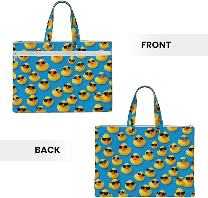 Waterproof Canvas Document Bag Cute Rubber Yellow Ducks with Sunglasses, Zippered File Briefcase with Handle for Office Meetings and Travel