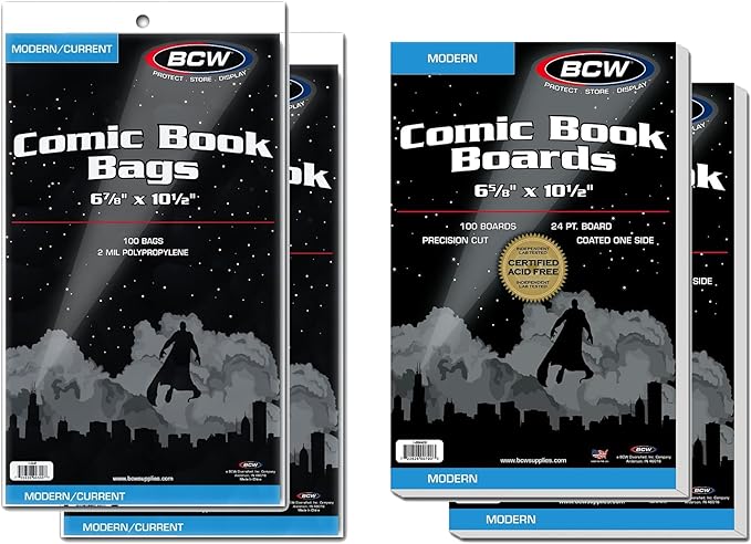 BCW Comic Book Protection Combo: 200 Modern Bags + 200 Backing Boards | Ultimate Safeguard for Comics | Plastic Protectors and Backer Boards