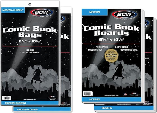 BCW Comic Book Protection Combo: 200 Modern Bags + 200 Backing Boards | Ultimate Safeguard for Comics | Plastic Protectors and Backer Boards