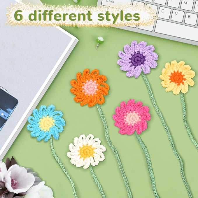 6 Pack Crochet Bookmarks for Women,Daisy Flower Handmade Personalized Cute Bookmarks,Gifts for Book Lovers and Teachers,Bag Charms,Keychain