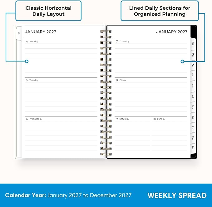 Blue Sky 2027 Weekly and Monthly Planner Calendar, January 2027 - December 2027, 5" x 8", Clear Pocket Cover, Laminated Tabs, Durable Twin Wire Binding, Baccara Dark