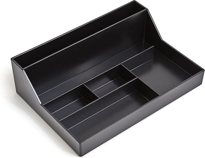 TRU RED Plastic Desktop Organizer, 6‑Compartment, Black – Desk Storage for Office Supplies & Accessories