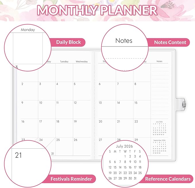 Monthly Planner 2025-2027, Monthly Calendar 2026 Planner (July 2025 Until December 2027), 5.9'' x 8.4'', A5 Planner with PVC Cover, Perfect for Office, School Organizing Planning - Pink