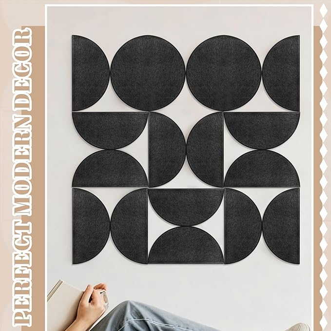Mindsoft 24 Pack Decorative Bulletin Board Felt Wall Tiles Bulk 11.8"x5.9" Semi-Circle Large Wall Art with Removable Adhesive Tabs for Customizable DIY Home Office Decoration Gift (Black)