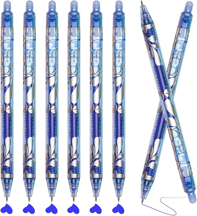 6Pcs Erasable Gel Pens Blue Ink, 0.5mm Retractable Quick Dry Fine Point Pens, Smooth Writing Pens for Journaling, Coloring, Drawing, Doodling, Note Taking