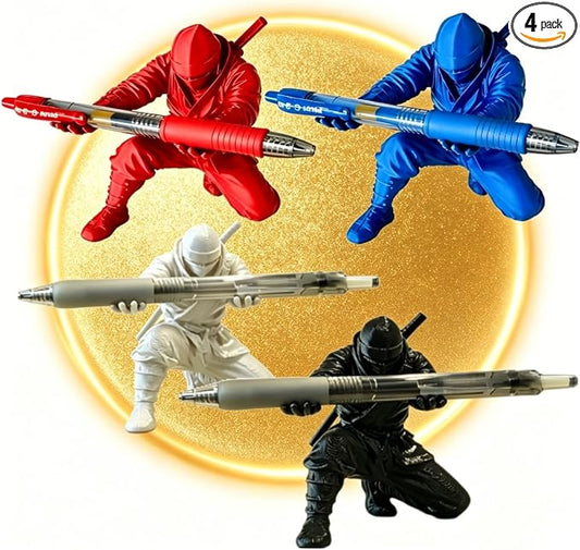 HUBAI 4 Packs Ninja Pen Holder For Desk,Ninja Warrior Pen Holder With Sword And Weapon Accessories,3D Printed Creative Ninja Desk Organizer with Sword,Office Desk Accessories (RedBlueWthiteRed)
