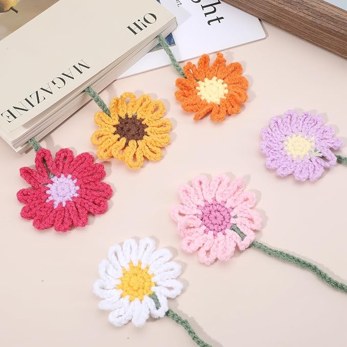 6 Pcs Crochet Bookmarks Daisy Sunflower Flower Bookmark Personalized Bookmark Cute Bookmarks for Reading Women Book Lovers and Teachers (Dark Green Stems)