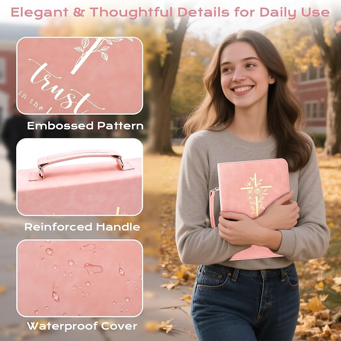 XKDOUS Bible Cover Case for Women, Leather Bible Bags with Study Supplies Journaling Kit, Gold Foiled Carrying Case Large Church Book Holder with Handle, Christian Gifts for Lady