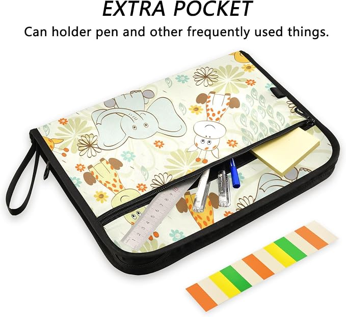 Cartoon Giraffe Elephant 13 Pockets Expanding File Folder with Sticky Labels Accordion File Folder Document Organizer Letter Size A4 Papers Expandable File Keeper