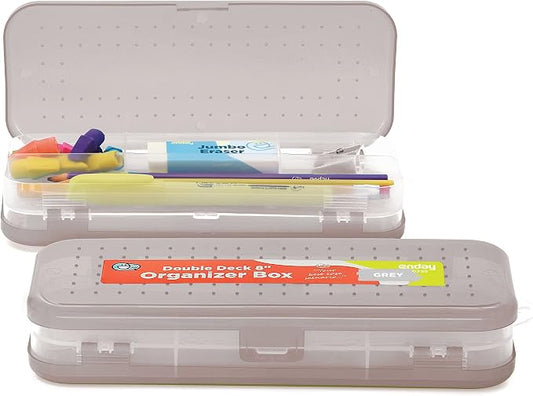 Enday Pencil Box Grey, Plastic Double Deck Pencil Case with 7 Compartments, Box Organizer with Snap Closure for Home and Office