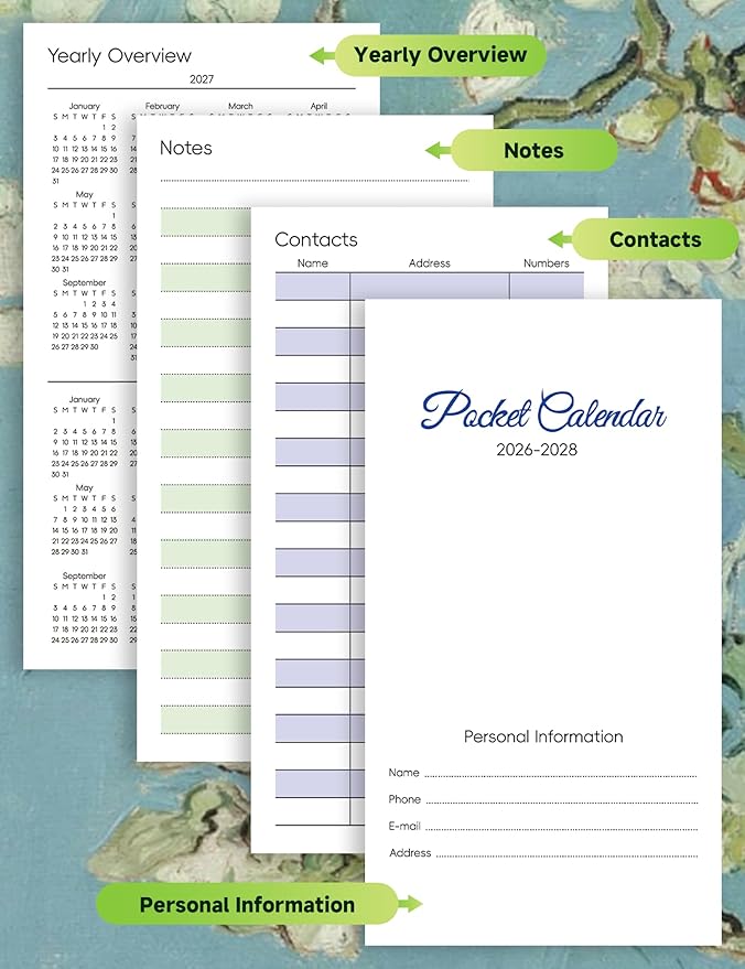 Pocket Calendar 2026-2028 Art Series, Monthly Planner Jan 2026 to Jul 2028 (3.7" x 6.7") Perfect Purse Calendar, Pocket Agenda with Protective Plastic Sleeve-Almond Blossom