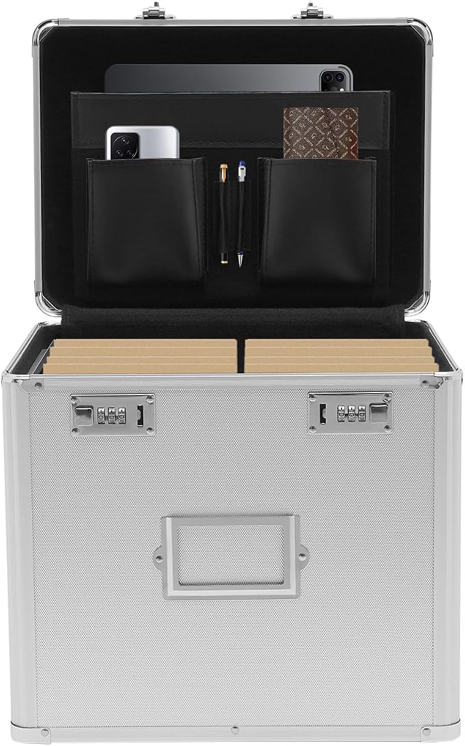 Locking File Organizer Box,Portable File Organizer Storage Chest with Handle Letter Box,13.8 x 10 x 13.4 Inch Metal File Cabinet for Filing Office Documents Letter/Legal File Storage (Silver)