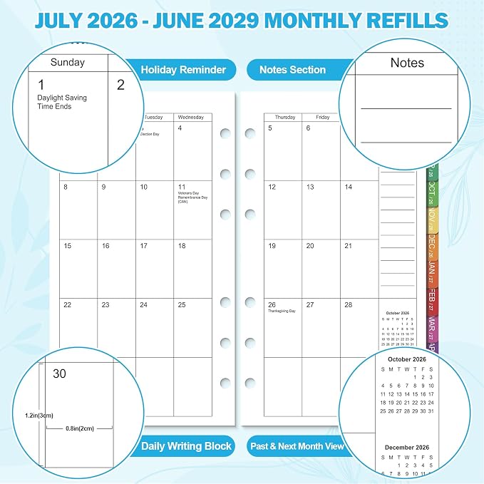 2026-2029 Monthly Planner Refills: 36 Months A6 Planner Inserts for 6-Ring Binder, July 2026 - June 2029, 6-Hole Punched A6 Binder Inserts, Calendar Inserts with Monthly Tabs, 3-3/4" x 6-3/4"