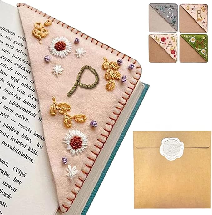 Personalized Hand Embroidered Corner Bookmark, 26 Letters Hand Stitched Felt Corner Letter Bookmark, Cute Flower Embroidery Bookmarks for Book Reading Lovers Meaningful Gift（Spring，P
