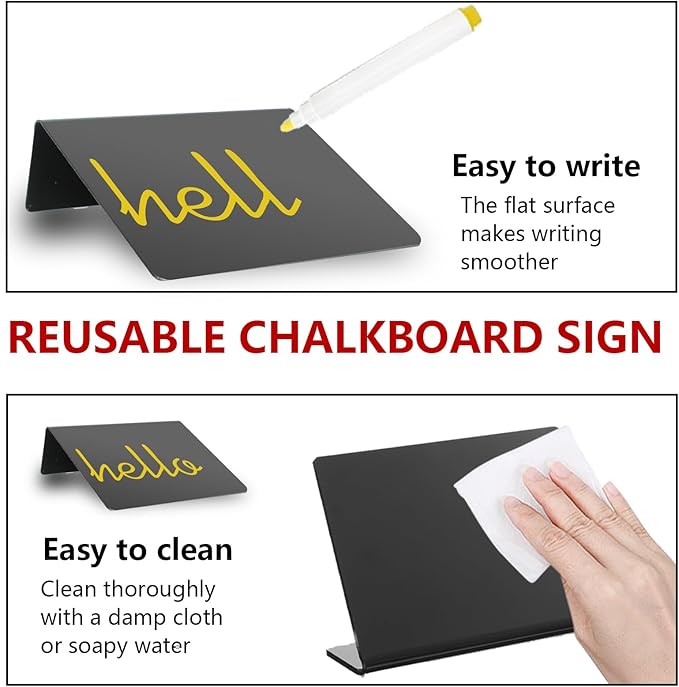 Mini Chalkboard Food Labels 20-Pack - 4x3 Inch L-Shaped Blackboard Signs for Restaurants, Wedding Reception, Birthday Party, Dessert Table with 7 Color Chalk Pens & Cleaning Cloth