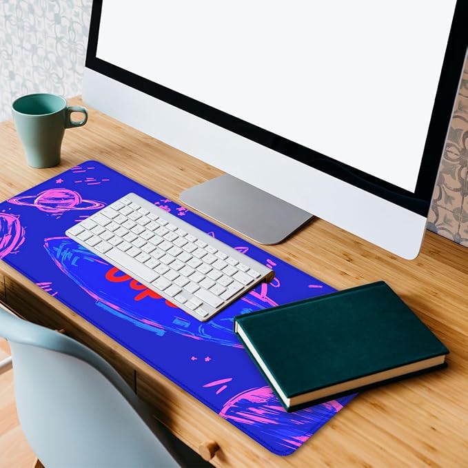 Cute Space Desk Pad Mouse Pad Cosmic Cat Neon Cartoon Extended Gaming Mousepad Mat with Stitched Edge Non-Slip Base Big Mousepad Office Home Decor for Women Girl 31.5"x11.8"