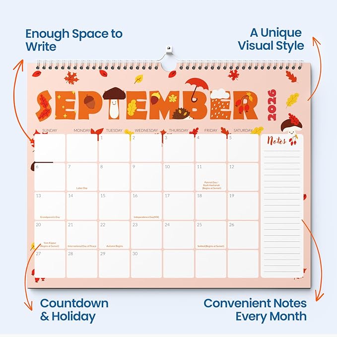 SUNEE 2026-2027 Calendar - 18 Months Wall Calendar Jul. 2026 - Dec. 2027, 14.5"x11.5" Big Grid Hanging Calendar with Note for Organizing & Planning, Cute