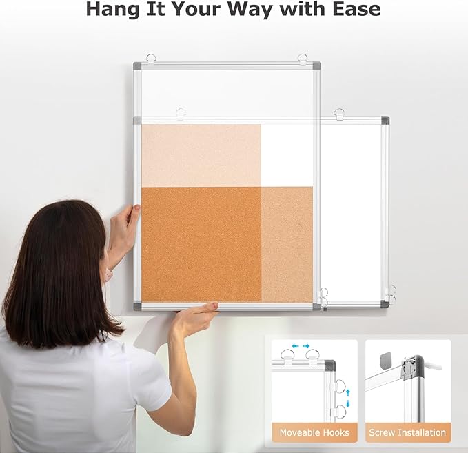 WALGLASS Combination Magnetic Whiteboard & Corkboard, 36"x24" Combo for School, Office & Home, Dry Erase Board with Removable Tray, Pins, Eraser, Markers & Magnets