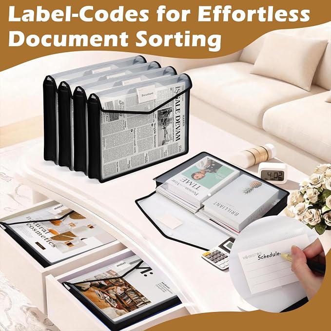 12 PCS 11 x 17 Inch Expandable Tabloid Size Document Folder with Label A3 Plastic Folders for Documents Black Expanding File Wallet Envelope Size Waterproof Clear Plastic File Pouch for Office