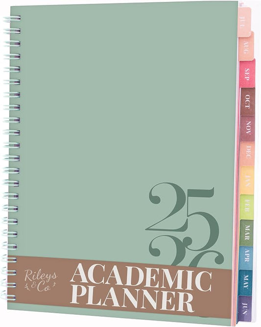 Rileys Academic Planner 2025-2026, Daily, Weekly & Monthly Planner, July 2025 - June 2026, Student Notes Pages, Twin-Wire Binding, Weekly Agenda for School & Work (8 x 6-Inches, Green, Classic)