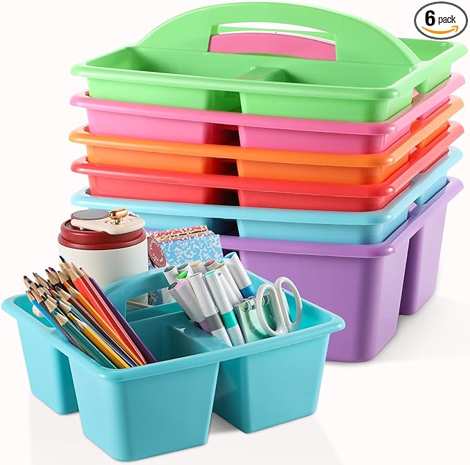 6 Pack 3 Compartment Small Caddy Plastic Classroom Organizer with Handle Portable Teacher Supply Storage Caddy Craft Art Caddies for Pencil, Crayon, Marker, Home, Office, School Supplies(Classic)