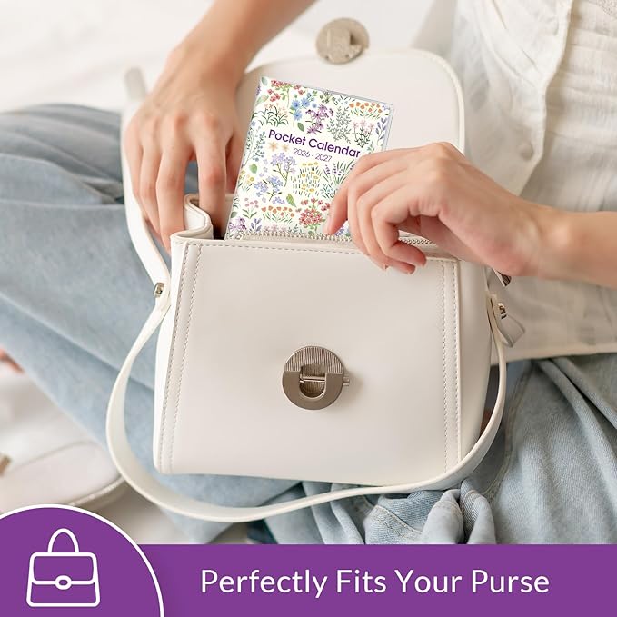 Phyxin Pocket Calendar 2026-2027, Small Calendar 2026 - Runs From Jan 2026 to Dec 2027, Pocket Planner-3.7" x 6.7" with PVC Cover, Pocket Calendar for School, Home and Office Supplies, Purple Flowers