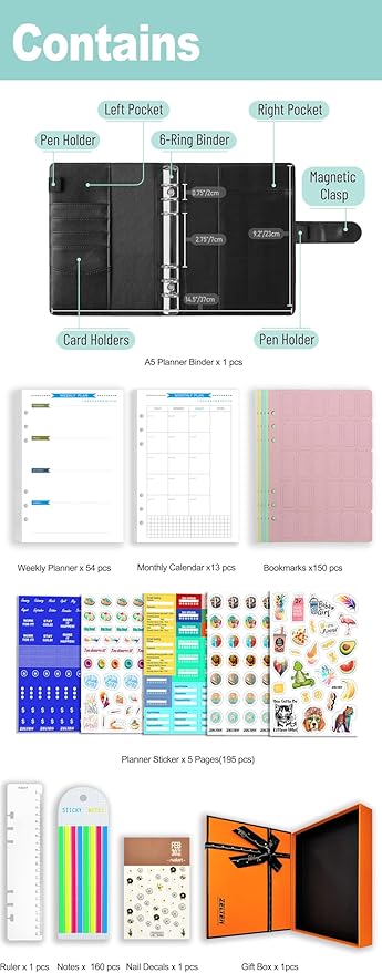 A6 A5 6-Holes Colorful PVC Cover Personal Organizer with Snap Button Closure File Folder for Loose Leaf Sheet Notebook (Black Daisy, A5 Gift Box)