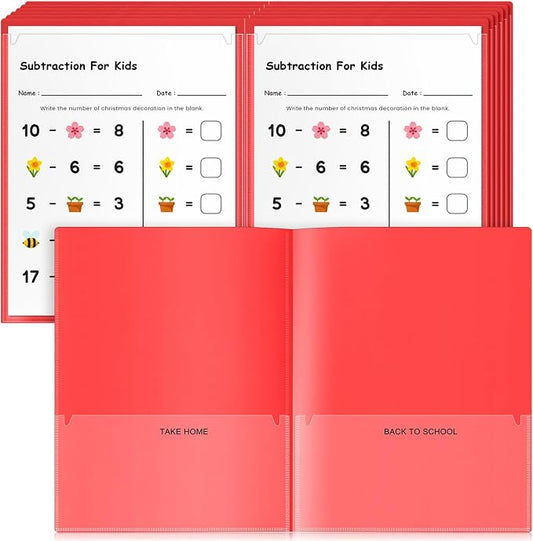 Henoyso 24 Pcs Take Home Folder Heavy Duty 2 Clear Front Pockets and 2 Inside Pockets Homework Folders for School Students Parent Teacher Classroom Communication(Red)