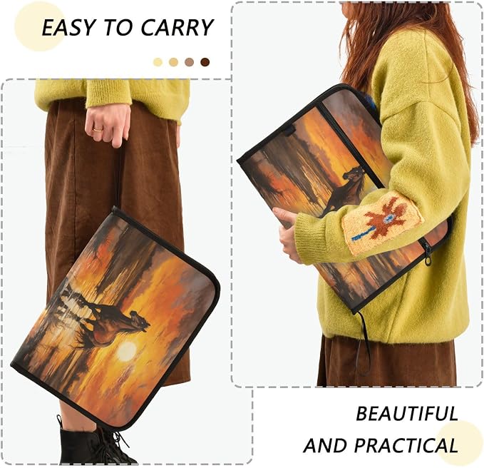 ALAZA Horse at Sunset Expanding Filing Folder, 13 Pockets Expandable Document Organizer Folder with Zipper Closure for Home Office A4 Letter Size Paper Document