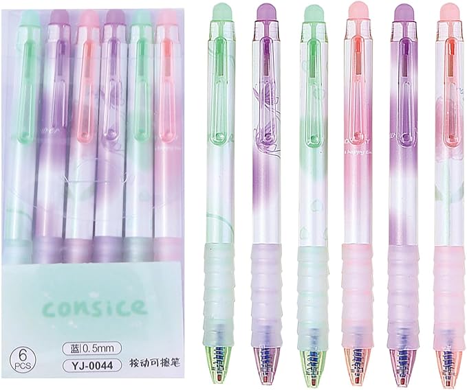 MOZXIRZ 6 Pcs Erasable Gel Ink Pens Retractable Pens 0.5mm Blue Ink Pen Office School Supplies Cute Aesthetic Pen Women (Blue Ink-Pastel)