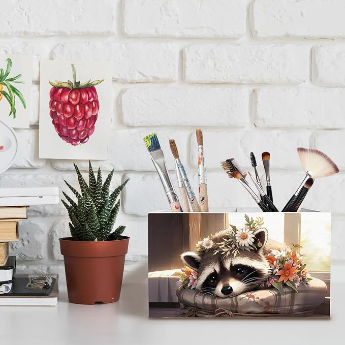 Rustic Raccoon Pen Holder for Desk, Gifts for Raccoon Lovers Pencil Organizer, Farmhouse Floral Trash Panda Wooden Box Sign Desk Decor for Home Office Decoration