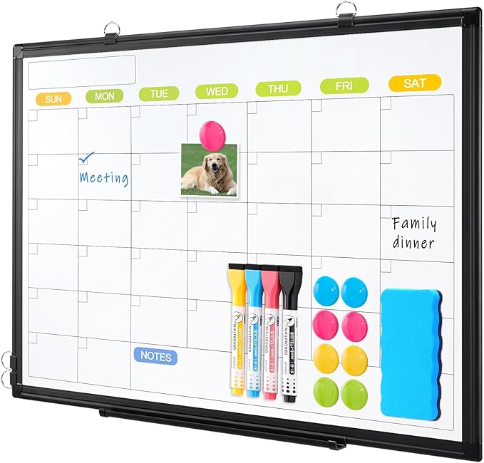Dry Erase Calendar Whiteboard for Wall, WALGLASS 24" x 18" Magnetic White Board, Monthly Dry Erase Calendar with Black Aluminum Frame, Double-Sided Hanging Portable Board for Office, Home, School