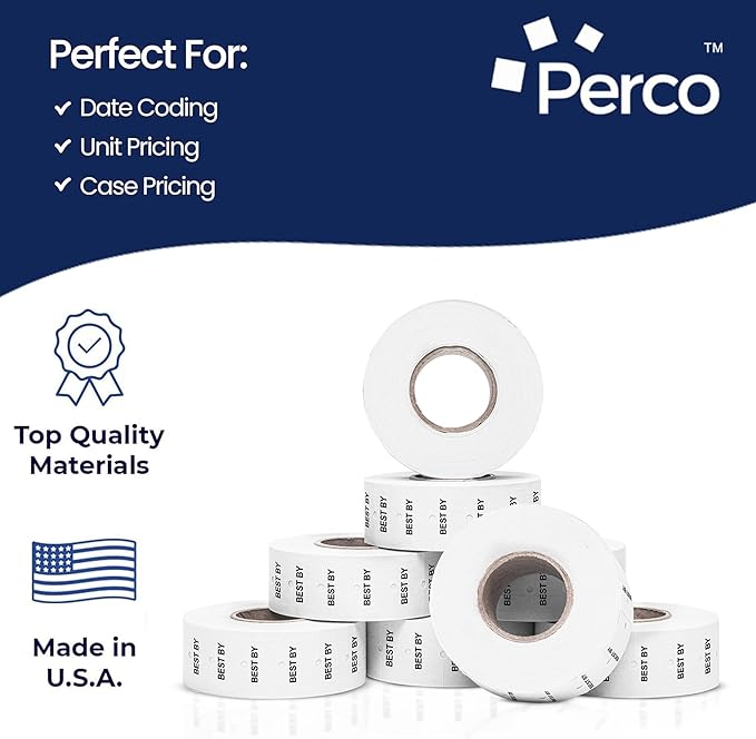 Perco Best by 1 Line Labels - 10 Sleeves, 80,000 "Best by Labels for Perco Lite, X, Plus and Pro 1 Line Date Guns