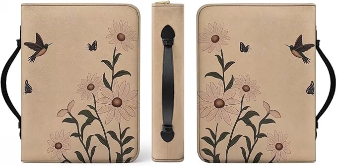 Leather Small Bible Cover with Bookmark，Carrying Book Case Church Bag Bible Protective w/Pen Slots and Zippered Pocket,Gift for Women,Daisy Bird