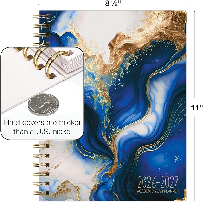 HARDCOVER Academic Year 2026-2027 Planner: 14 Months (May 2026 Through June 2027) 8.5"x 11" Daily Weekly Monthly Planner Yearly Agenda. Bookmark, Pocket Folder and Sticky Note Set (Dark Blue Marble)