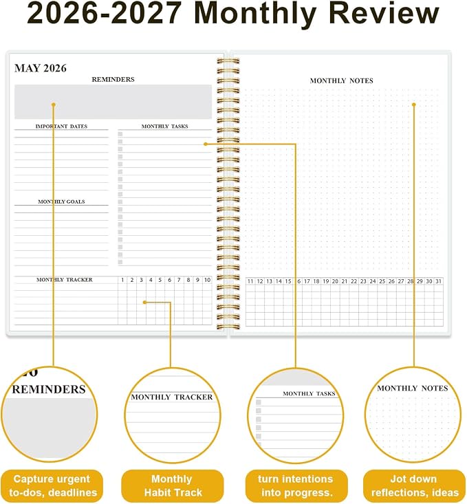 Monthly Planner 2026-2027 – Monthly Calendar from May 2026 to December 2027, 20 Month Planner with Spiral Binding, Inner Pocket, Elastic Closure, 8.5" x 11", Flower-A