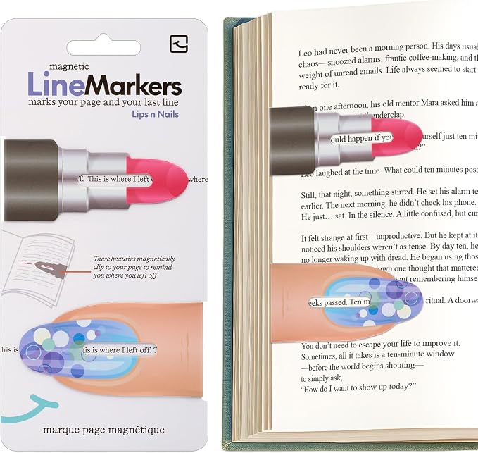 Gifts for Readers & Writers Linemarker Bookmark, 2 Pack Magnetic Bookmarks, Includes Line Finder Slit for Line Tracking, Small & Cute Stationery, Book Page Holder, Reading Accessories, Lips & Nails