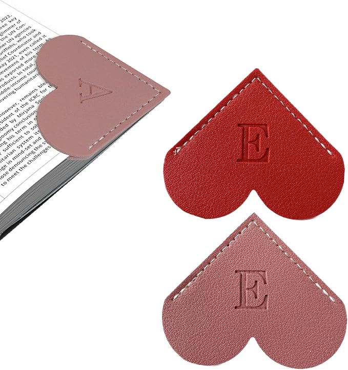 2Pcs Personalized Leather Heart Bookmark with Initial, 26 Letters Custom Corner Page Book Mark for Reading Women, Book Lovers, Teachers, Students, Cute Book Accessories Gifts(Red+Dark Pink, E)