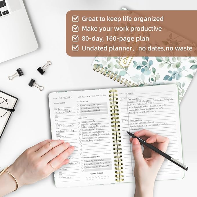 Undated Daily Planner - Spiral Notebook 80 Days One Day Per Page, Hourly Schedule, To-Do List, Notes, Everyday Planning Task, A5 Hardcover Journal Organizer Book Women Cute Aesthetic, Spring