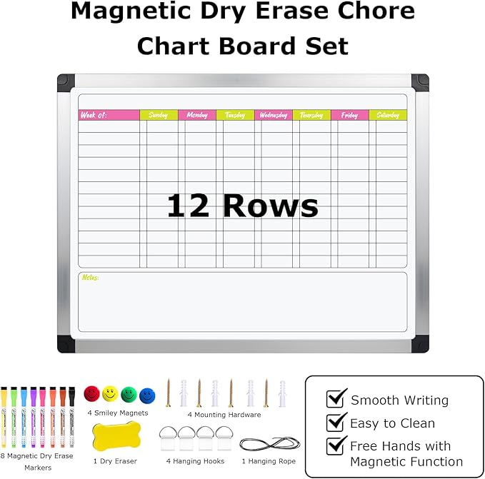 EAONE 16 x 12 in Magnetic Dry Erase Chore Chart Whiteboard for Kids/Teens/Adults, Double Sided Chore Board Weekly Calendar for Wall with Aluminum Frame, 8 Markers, 4 Magnets & 1 Eraser, Colored