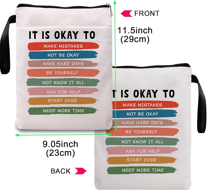 Inspirational Quote Book Sleeve, Book Covers for Paperbacks, Book Sleeve with Zipper, Book Lover Gifts, Bookish Gift Book Pouch for Women 11.4 x 9.05 Inch - It's Okay to Not Be Okay