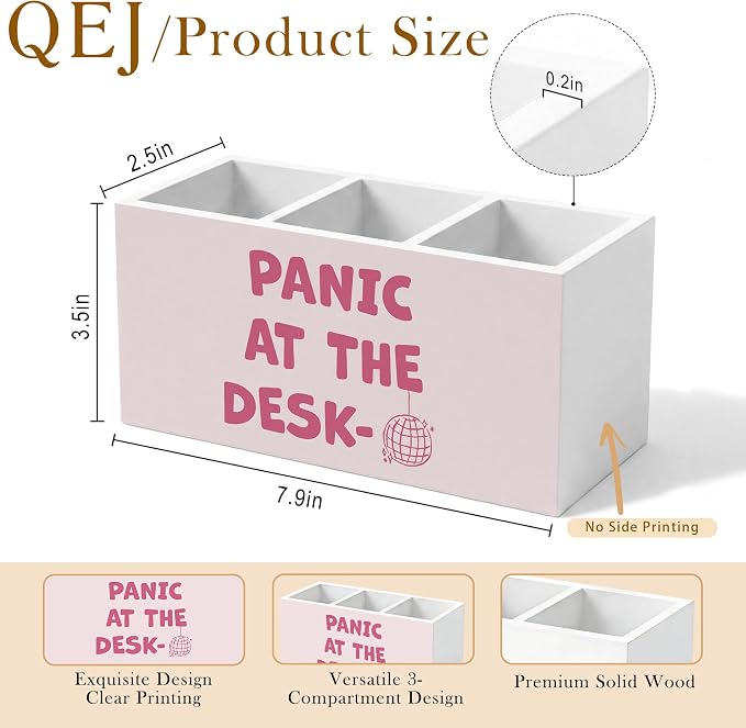 Funny Pink Office Pen Holder for Desk, Preppy Room Decor, Funky Y2K Disco Ball Aesthetic Panic at the Desk Wooden Box Pencil Pen Organizer for Home Office Desk Tabletop